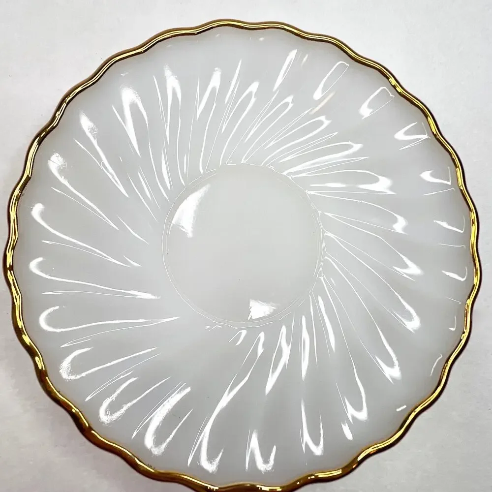Two Vintage Anchor Hocking Fire King Milk Glass Gold Trim Saucers